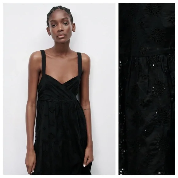 NWT. Zara Black Openwork Crossover V-neck Midi Tank Dress. Size S. - Picture 2 of 13